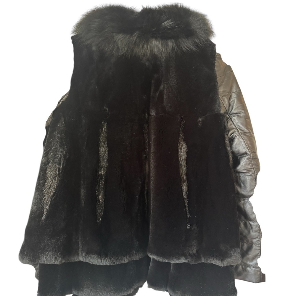 TONYPAULO Black rabbit  Fur & faux Leather Statement Jacket LExcellent condition - Picture 3 of 8